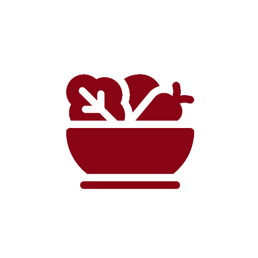red icon of fruits and vegetables in a bowl.